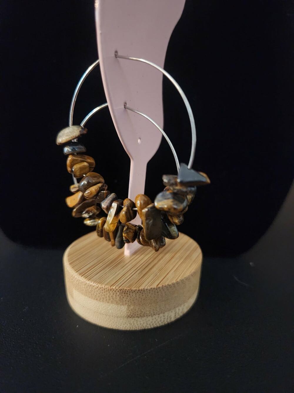 Brown Tiger's Eye Hoop Earrings Tumbled Chip Gemstones on Silver Tone Hoops